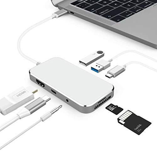 FLYSBA USB Type C Hub Adapter Port 8 in 1 with 4K HDMI, USB C PD Port, 3.5mm Audio/Mic 2 in 1, SD/TF Card Reader, USB C 3.0 Port and 2 USB 3.0 (Silver)