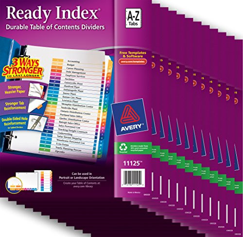 Avery Ready Index A-Z Dividers, Printable Table of Contents, Multicolor Tabs, Case Pack of 12 Sets (11125)
