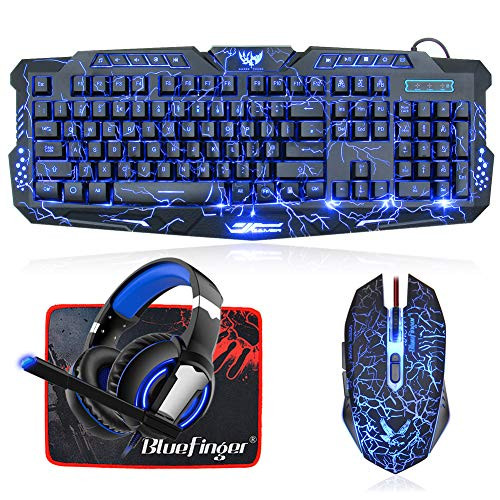 BlueFinger Gaming Keyboard Mouse Headset Combo,USB Wired 3 Color Crack Backlit Keyboard,Blue LED Light Gaming Headset,Gaming Keyboard Set (Gaming Keyboard Mouse Headset Combo)