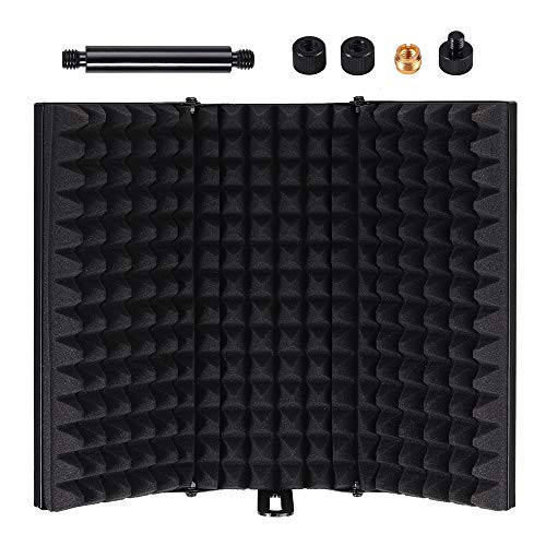 Tanice Mic Isolation Shield Foldable Adjustable with 3/8 inch Mic Threaded Mount Studio Mic Sound Absorbing Foam Reflector for Any Condenser Microphone Recording Equipment Studio