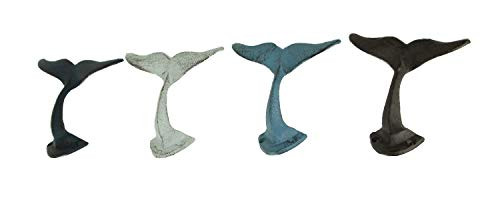 Zeckos Colorful Cast Iron Whale Tail Wall Hooks Set of 4