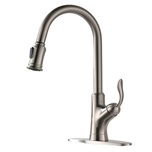 Bokaiya Kitchen Sink Faucet Brushed Nickel 360 Degree Single Hole Stainless Steel Pull Out Pull Down Sprayer Kitchen Faucet, Single Handle Kitchen Faucet with Escutcheon