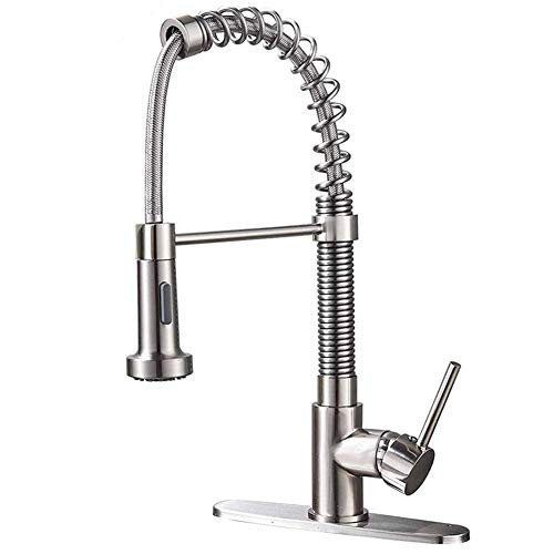 Votamuta Lead Free Modern Stainless Steel Single Handle Pull Down Sprayer Spring Brushed Nickel Kitchen Faucet, Kitchen Sink Faucet with Deck Plate