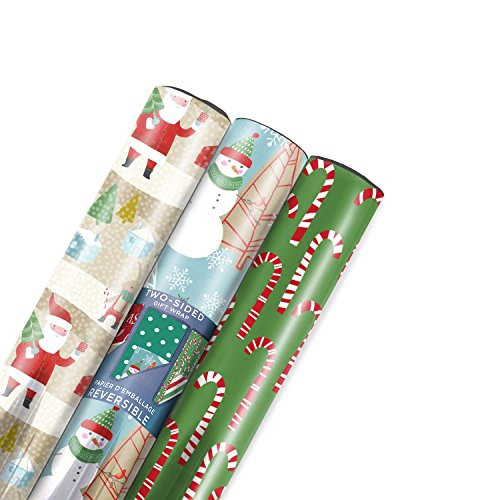 Hallmark Reversible Christmas Wrapping Paper Bundle, Candy Canes (Pack of 3, 120 sq. ft. ttl.)