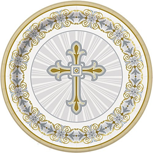 Gold & Silver Radiant Cross Religious Dinner Plates, 8ct