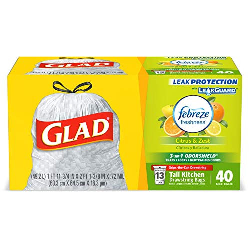 Glad Tall Kitchen Drawstring Trash Bags - OdorShield 13 Gallon Grey Trash Bag, Febreze Citrus and Zest - 40 Count Glad Tall Kitchen Drawstring Trash Bags - OdorShield 13 Gallon Grey Trash Bag, Febreze Citrus and Zest - 40 Count