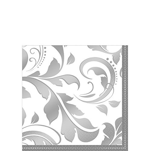 Amscan Stylish Wedding Party Beverage Napkins, Silver,  One Size, 16ct