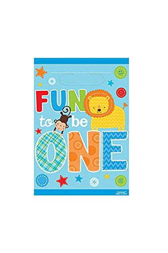 amscan One Wild Boy 1st Birthday Folded Loot Bags, 9.5" x 6.5", Blue
