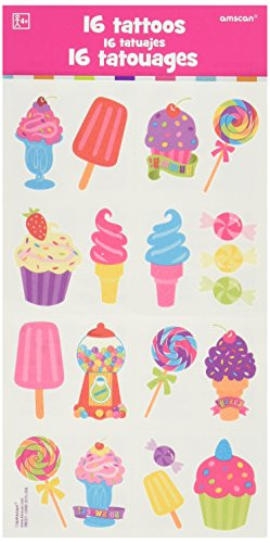 amscan Candy Land Birthday Party Sweet Shop Temporary Tattoo Favors (16 Pack), 2" x 1 3/4", Multicolor