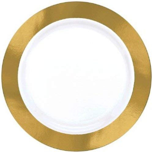 Amscan 430584.19 Party Supplies White Premium Plastic Round Plates w/Gold Border, 7 1/2'', 7 1/2 inches, Multicolor