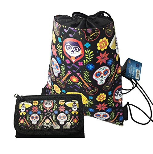 Disney Licensed COCO Sling Drawstring backpack Tote Bag w/ Small Wallet (black2)