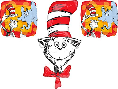 Dr Seuss Cat in The Hat 42" Foil Balloon Bundle of One Jumbo Balloon Two 18" Foil Balloons + 66 Feet of Curling Ribbon