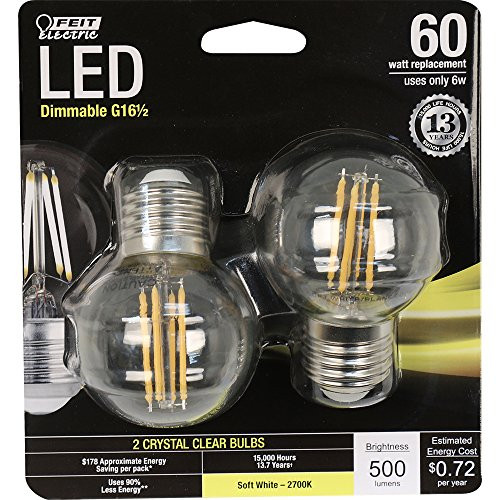 Feit Electric BPGM60/827/LED/2 Decorative Clear Glass Filament LED Dimmable 60W Equivalent Globe Bulb (Pack of 2), Soft White