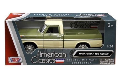 New 1:24 W/B AMERICAN CLASSICS COLLECTION - GREEN CREAM 1969 FORD F-100 PICKUP Diecast Model Car By MOTOR MAX