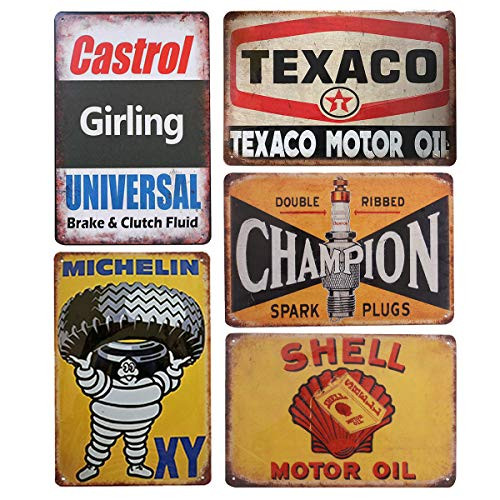 Pack of 5 pcs Retro Vintage Tin Signs, Shell Michelin Texaco Champion Castrol Metal Posters for Garage Man Cave Bar, 8x12 inch/20x30cm Pack of 5 pcs Retro Vintage Tin Signs, Shell Michelin Texaco Champion Castrol Metal Posters for Garage Man Cave Bar, 8x12 inch/20x30cm
