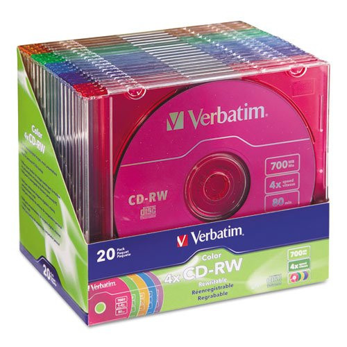 VERBATIM 94300 80-Minute/700MB 4x CD-RWs, Multicolored 20 pk with Slim Cases