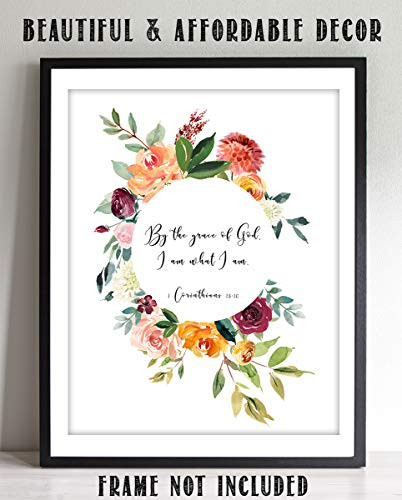 "By The Grace of God, I Am What I Am" 1 Cor 15:10-Bible Verse Wall Art-8x10"-Scripture Wall Print-Ready to Frame. Elegant Floral Design. Home Decor-Office Décor-Christian Gifts. God's Grace At Work!