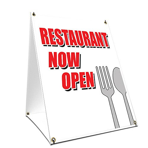 A-Frame Sidewalk Restaurant Now Open Sign with Graphics On Each Side | 18" X 24" Print Size