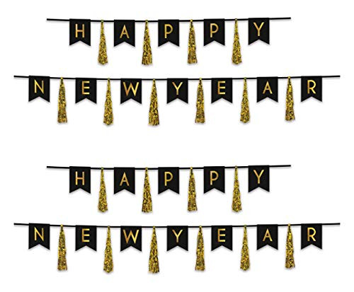 Beistle 88315-BKGD Happy New Year Tassel Streamer 2 Piece, 13" x 6' & 13" x 9', Black/Gold