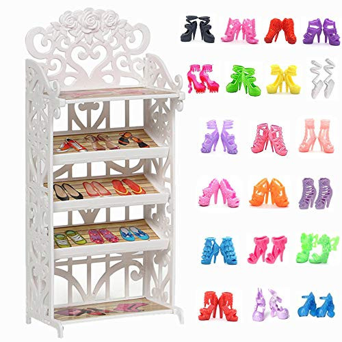 DoubleWood 1 Doll Shoes Rack + 20 Pairs Doll Shoes Replacement for Barbie Doll, Playset Accessories Different Assorted Colors High Heel Boots Sandals Doll Shoes Set Compatible with Barbie Dolls DoubleWood 1 Doll Shoes Rack + 20 Pairs Doll Shoes Replacement for Barbie Doll, Playset Accessories Different Assorted Colors High Heel Boots Sandals Doll Shoes Set Compatible with Barbie Dolls