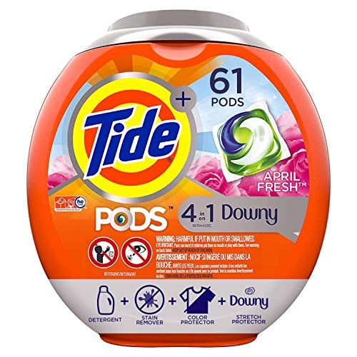 Tide PODS Plus Downy 4 in 1 HE Turbo Laundry Detergent Pacs, April Fresh Scent, 61 Count Tub - Packaging May Vary