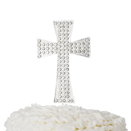 Ella Celebration Cross Cake Topper, First Communion, Religious Baptism, Christening, Child Dedication Keepsake Decoration (Silver)
