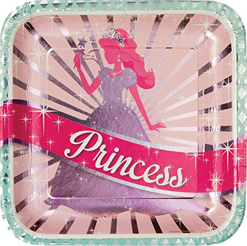 Creative Converting 8 Count Square Foil Princess Party Dinner Plates, 9", Pink