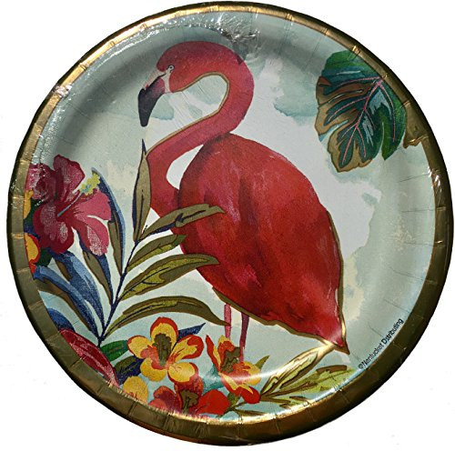 CTS 6-7/8 in Round Dessert Appetizer Paper Plates ~ Gold Foil Pink Flamingo 10 ct