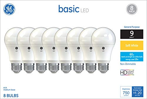 GE Lighting 37043 Light Bulb General Purpose Basic A19 Daylight LED 10 (60-Watt Replacement), 750-Lumen Medium Base, 8-Pack, Soft White, 8