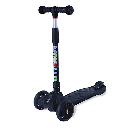 Monello Kick Scooters for Kids 3 Wheel Lean to Steer Adjustable Height PU ABEC-7 Flashing Wheels (Black)
