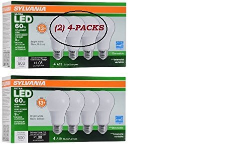 (2) 4-PACKS - 8 LIGHTBULBS - Sylvania Home Lighting 78038 A19 Sylvania Ultra 60W Equivalent LED Light Bulb, Dimmable, Efficient 9W Color 3500K (4-Pack), Bright White
