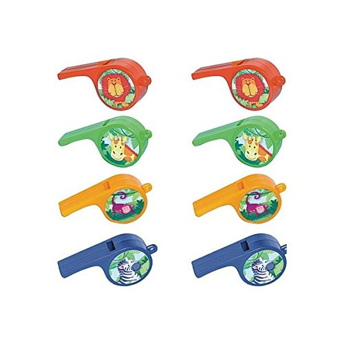 amscan Colorful Jungle Animals Whistles Birthday Party Favor, 7.5 x 5.75, Red/Orange/Blue/Green