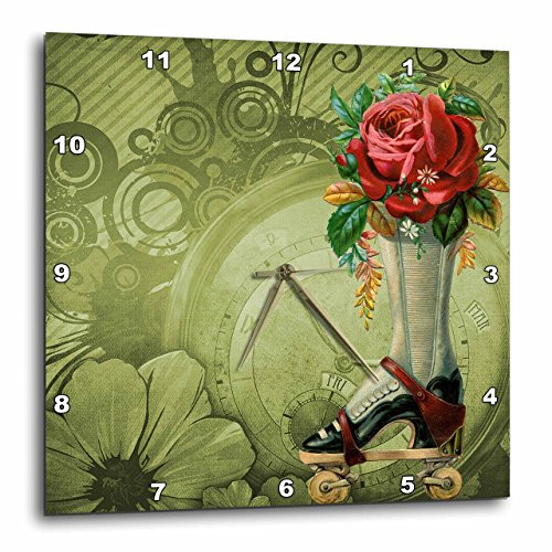 3dRose Vintage Victorian Steampunk Roller Skate Boot with Red Rose Clock Background - Wall Clock, 10 by 10-Inch (DPP_102680_1)