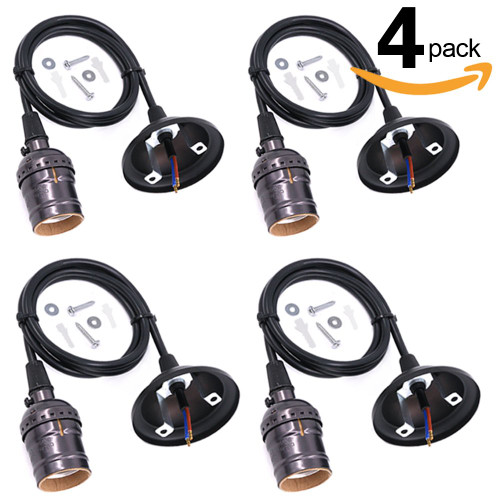 Swpeet 4 Pcs Vintage Edison Light Socket Screw Bulbs Light Lamp Holder With Wire, E26 / E27 Base Adjustable Black Wire for Kitchens, Dining Rooms, Bars and Restaurants