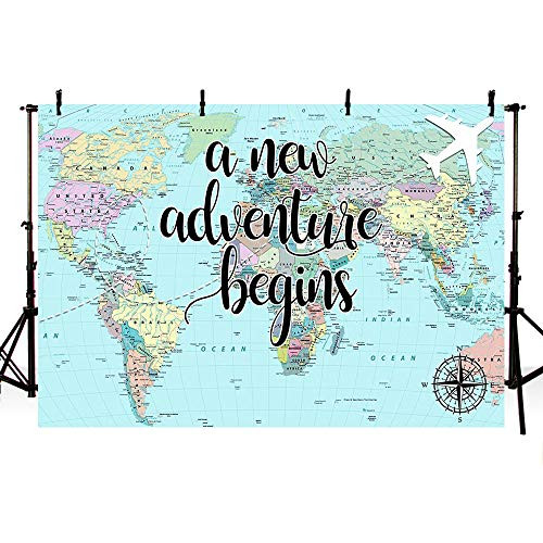 MEHOFOTO A New Adventure Begins Travel Boy Baby Shower Party Decorations Backdrop World Map Around World Adventure Awaits Airplane Photography Background Photo Banner 7x5ft