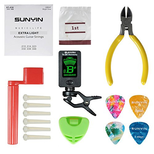 SUNYIN Acoustic Guitar Tool,Kit for Starter with Guitar Strings Winder Cutter Tuner Bridge Pins Picks & Pick Holder,Everything Set for Change the String-ordinary