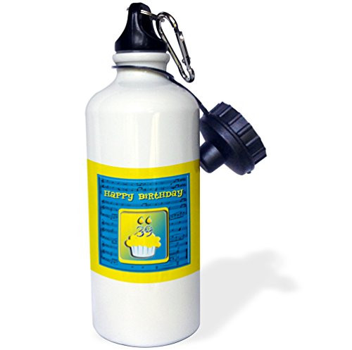 3dRose wb_98914_1"39th Birthday Cupcake on Music Notes, Blue and Yellow" Sports Water Bottle, 21 oz, White