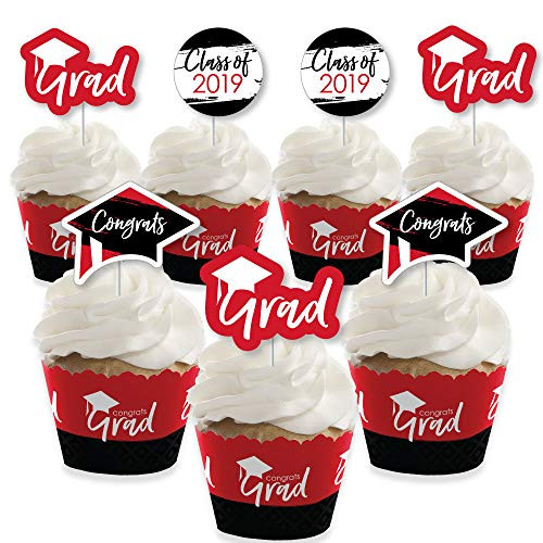 Red Grad - Best is Yet to Come - Cupcake Decoration - 2019 Red Graduation Party Cupcake Wrappers and Treat Picks Kit - Set of 24