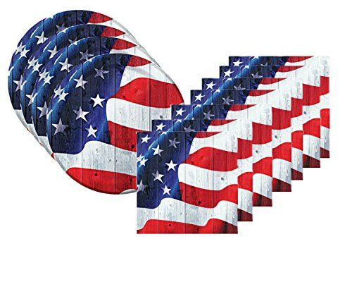 4th of July Patriotic Vintage Symbol Red White and Blue American Flag Party Supply Bundle for 16 Guests - Includes Plates and Napkins