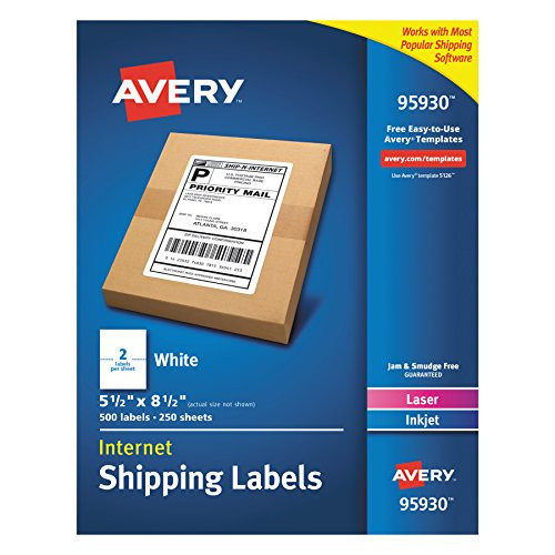 Avery Shipping Address Labels, Laser & Inkjet Printers, 500 Labels, Half Sheet Labels, Permanent Adhesive (95930), White