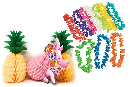Luau Party Decorations Centerpieces 1 Pig and 2 Pineapples / 10 Pcs Floral Leis Assorted Colors Bundle