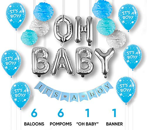 Baby Shower Decorations for Boy - OH Baby Letters Balloons, 6 Pompoms, It's a Boy Banner, Blue Balloons, Blue Silver and Grey Baby Shower Party Supplies