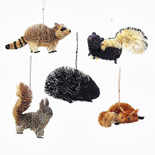 Kurt Adler 5 Assorted Buri Woodland Animal Fox, Skunk, Raccoon, Squirrel And Porcupine Christmas Ornaments