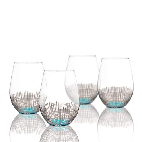 Fitz and Floyd 229141-4ST Annalise Stemless Goblets, 3.75x4.9", Silver/Light Blue