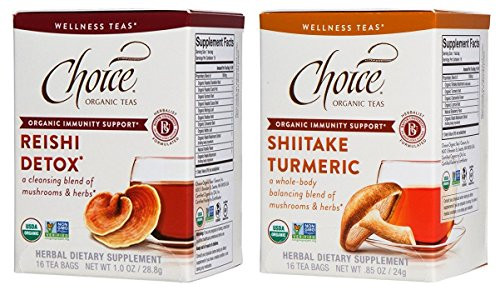 Choice Organic Wellness Tea 2 Flavor Variety Bundle: (1) Reishi Detox, and (1) Shiitake Turmeric, 16 Count