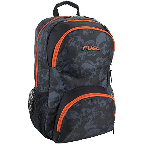 Fuel Valor Everyday Backpack with Interior Tech Sleeve, Black/Skull Print with Orange Trim