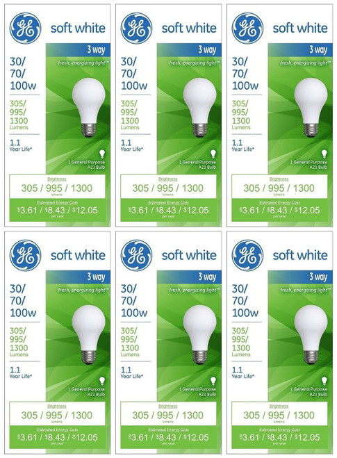 GE Lighting 97493 30-Watt - 70-Watt - 100-Watt A21 3-Way, Soft White, 6-Pack