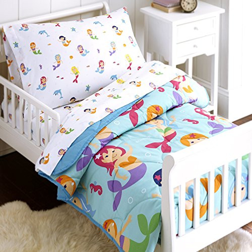 Wildkin 4 Piece Toddler Bed-in-A-Bag, 100% Microfiber Bedding Set, Includes Comforter, Flat Sheet, Fitted Sheet, and Pillowcase, Coordinates with Other Room Décor, Olive Kids Design  Mermaids