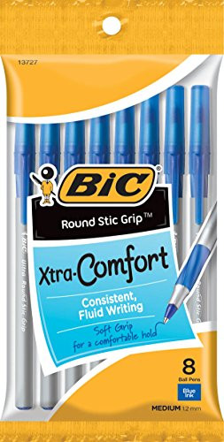 BIC Round Stic Grip Xtra Comfort Ballpoint Pen, Medium Point (1.2mm), Blue, 8-Count
