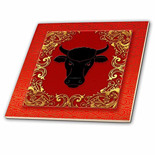 3dRose ct_101854_4 Chinese Zodiac Year of The Ox Chinese New Year Red, Gold & Black Ceramic Tile, 12"